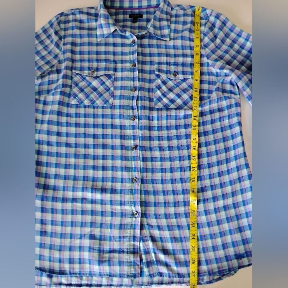 Talbots 100% Cotton Plaid Button Up Shirt Blue Purple Colorful Classic Sz Large - Picture 14 of 15